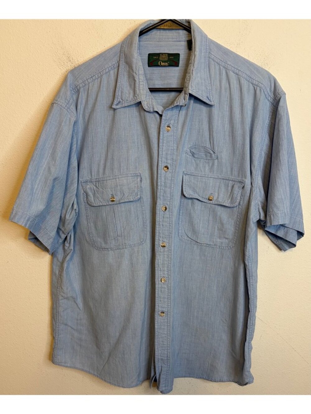 Orvis Mens XL Blue Cotton Short-Sleeve Button-Down Shirt Chambray